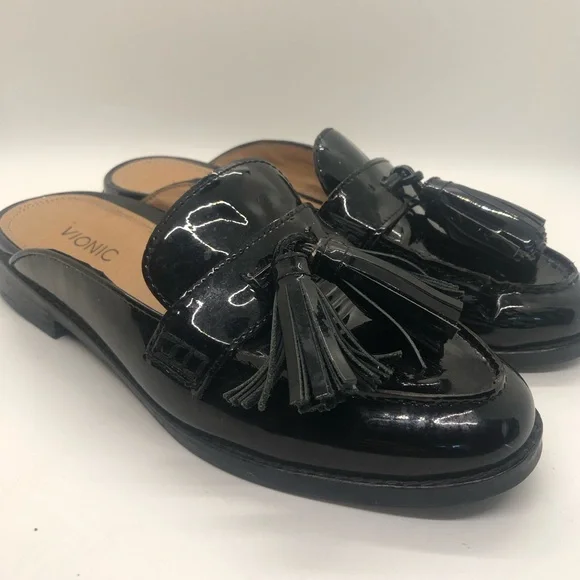 Vionic Reagan Black Patent Leather Tassel Loafers Slip On Mules - Picture 11 of 11
